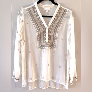 J.Jill XS white long sleeve semi-sheer embroidered blouse